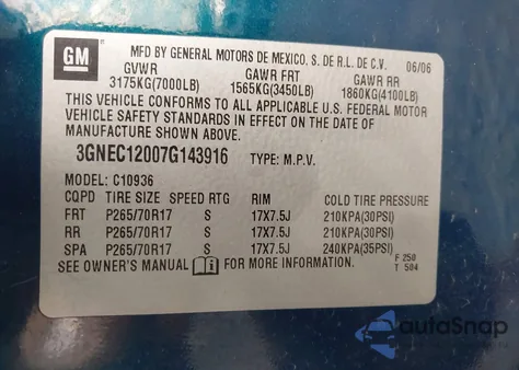 2007 Chevrolet Avalanche 1500 Lt z USA, uszkodzony, nr VIN 3GNEC12007G143916